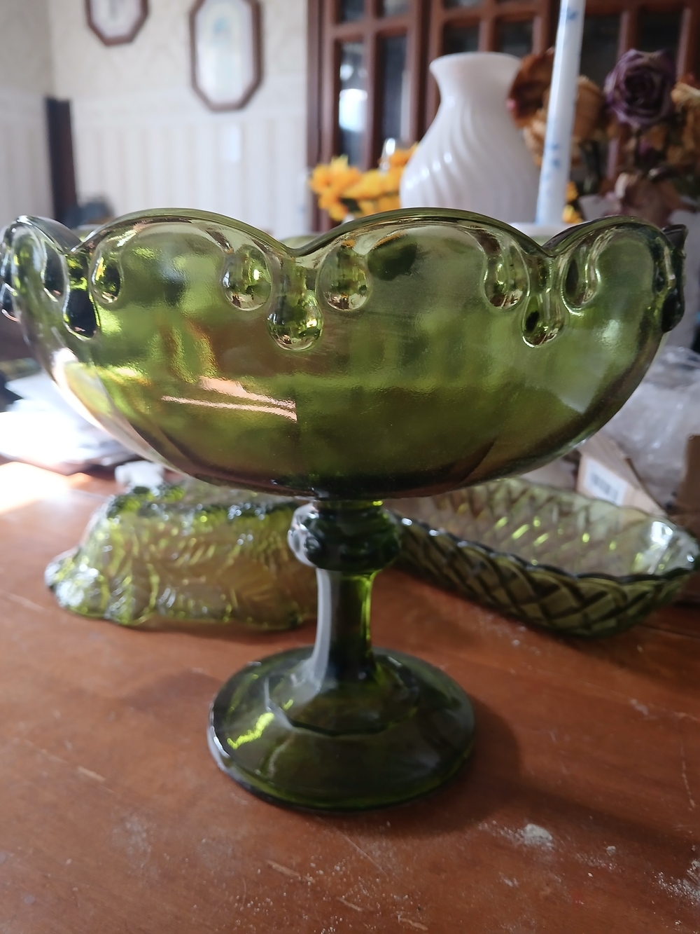 Green Glass Compote Pedestal Bowl